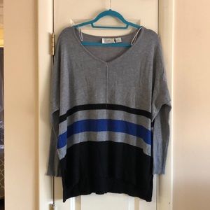 RD style grey sweater with black and blue stripes